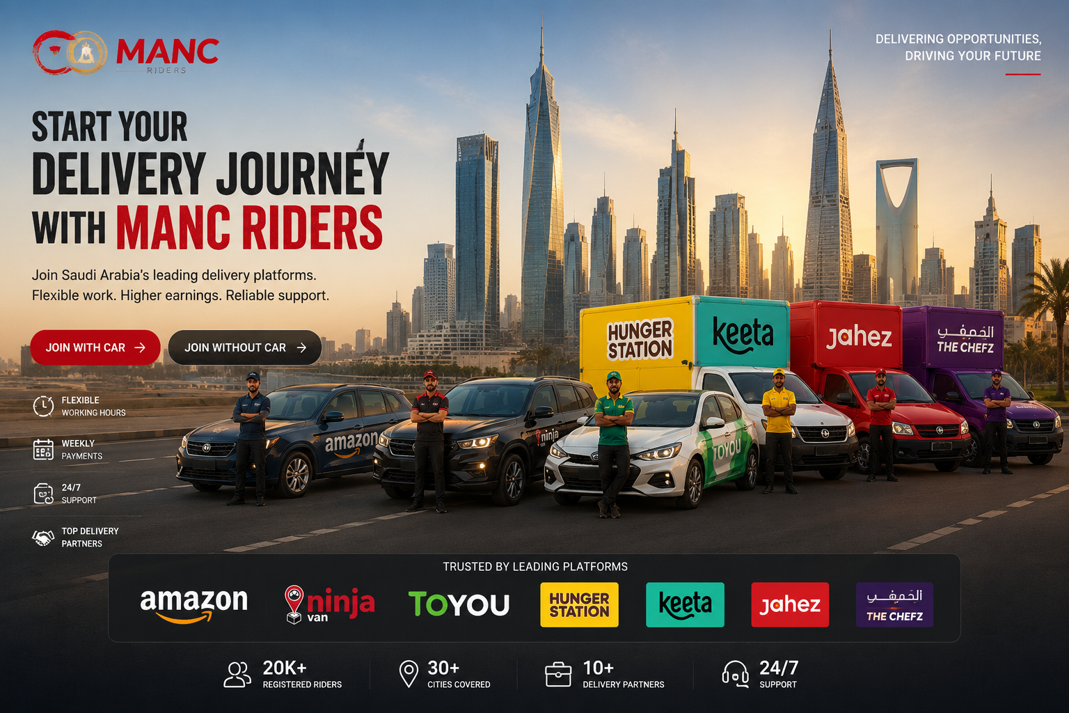 Deliver with confidence and earn more by partnering with the Kingdom's top delivery platforms.